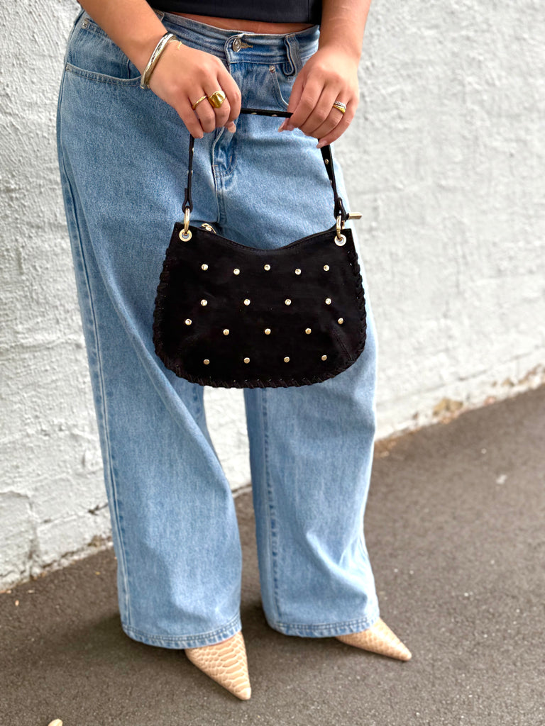 Bella Suede Stud Bag - Black