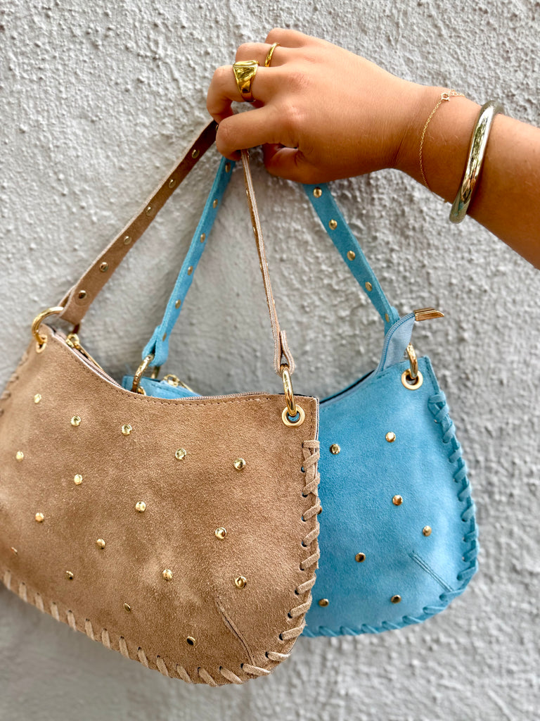 Bella Suede Stud Bag  - Sky Blue