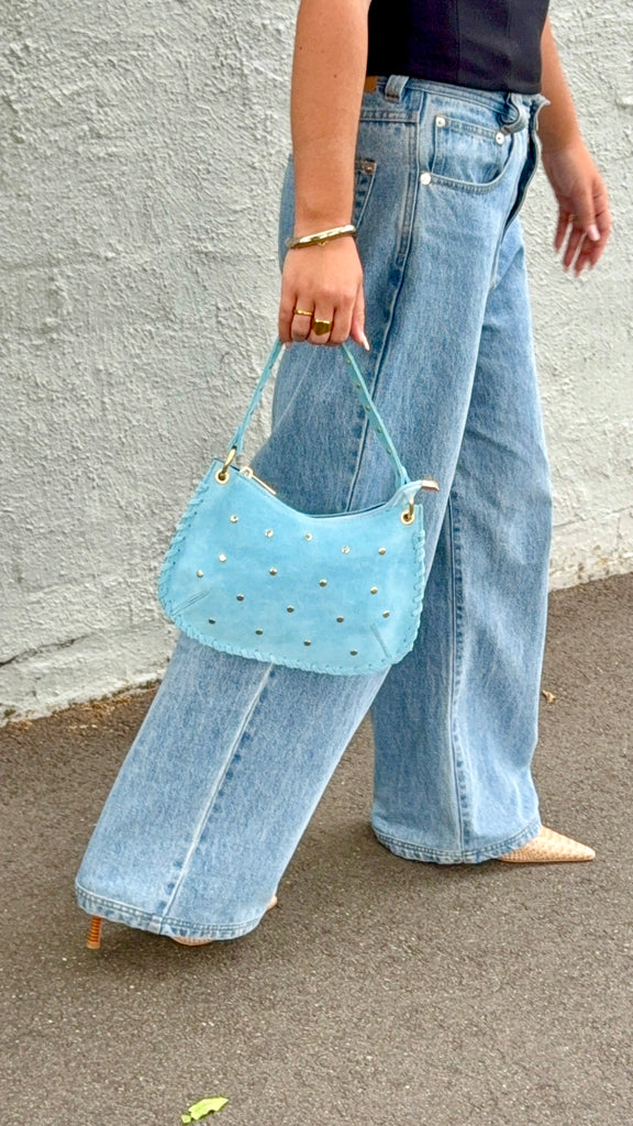 Bella Suede Stud Bag  - Sky Blue