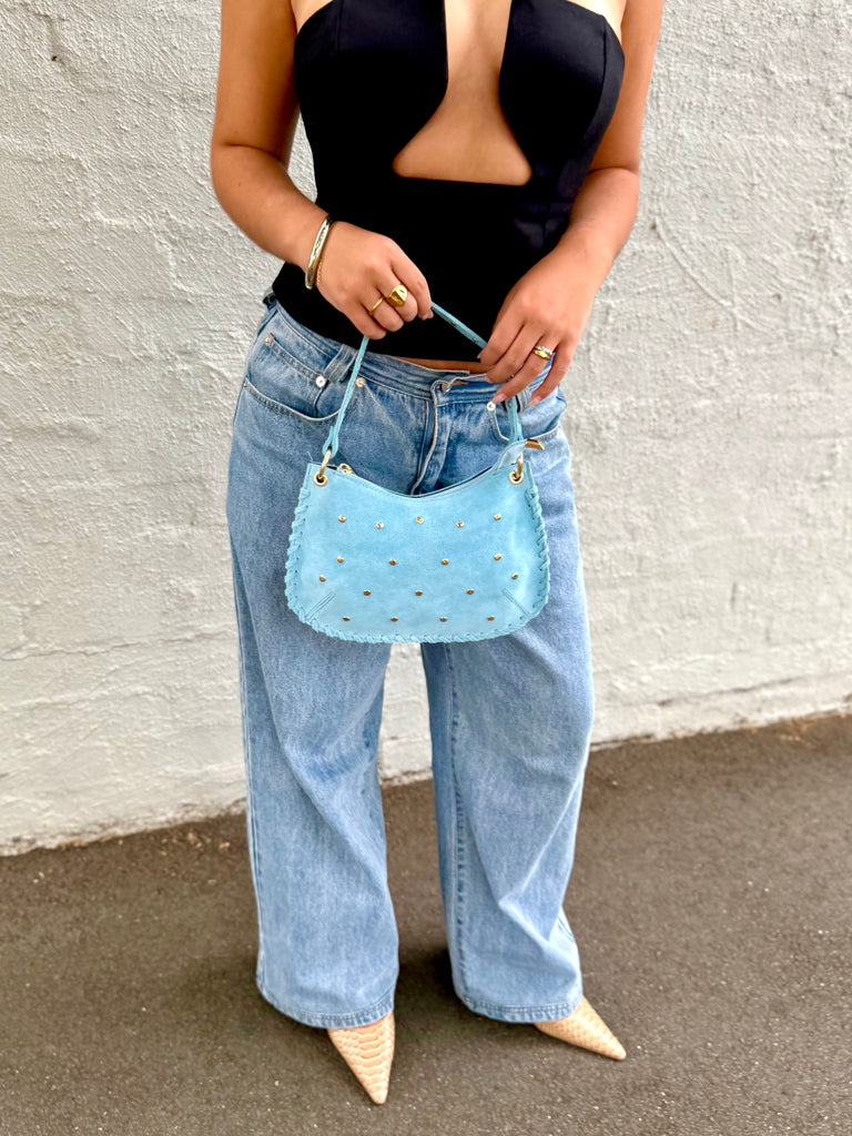 Bella Suede Stud Bag  - Sky Blue
